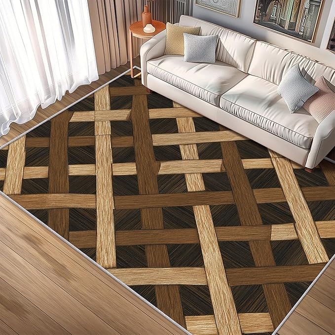 Checkered Rug Small, Washable 2x3 Throw Rug for Entryway, Wood Grain Patterned Indoor Door Mat, Checkered Geometric Decor for Home, Bedroom, Soft Non Slip Thin Design FER22