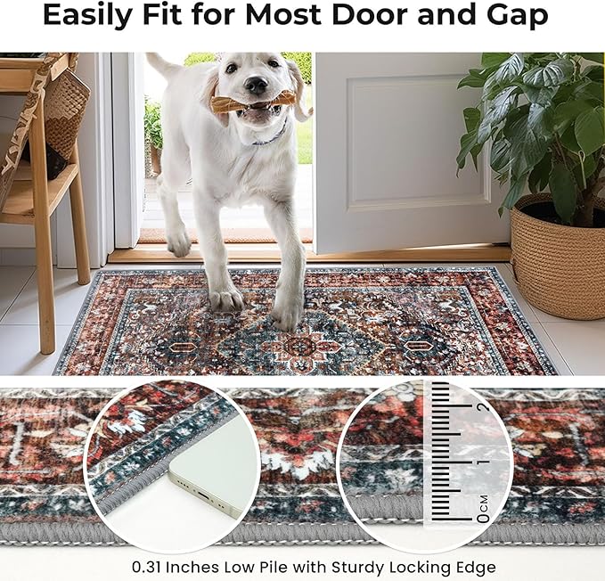 KOZYFLY Area Rug 3x8 Ft Washable Boho Runner Rug for Entryway Hallway Indoor Printed Oriental Faux Wool Carpet for Kitchen Bedroom Hall, Brick Red/Orange/Green