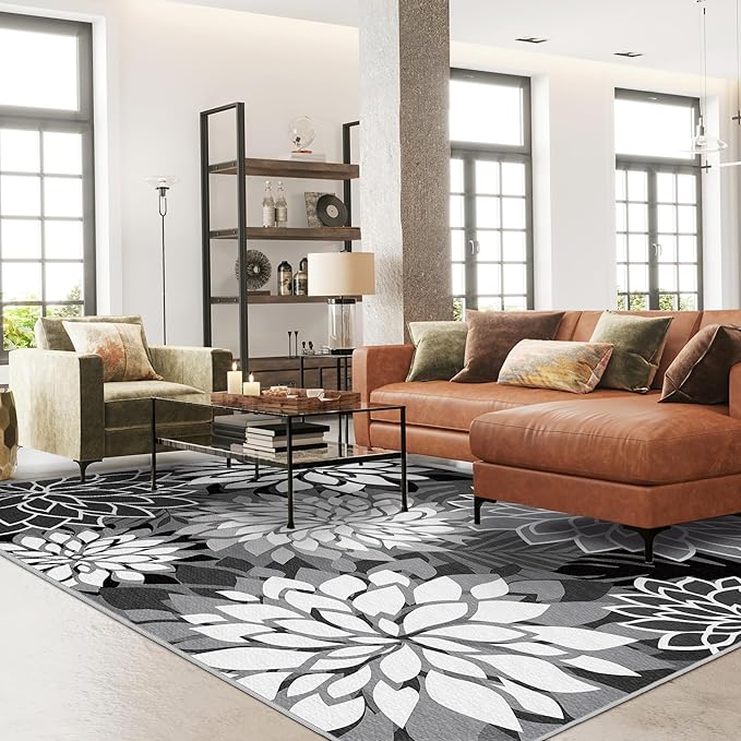 8x10 Outdoor Area Rug Washable Multicolored Patio Rug Tropical Botanical Floral Chenille Waterproof Outdoor Carpet Non-Slip for Deck, Backyard, Porch, Black