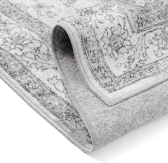 Grey Gray Area Rug 4x6 Washable Vintage Carpet for Office Living Room Soft Retro Low Pile Thin Indoor Rug Non Slip Oriental Medallion Floor Cover for Bedroom Kitchen Dining Room