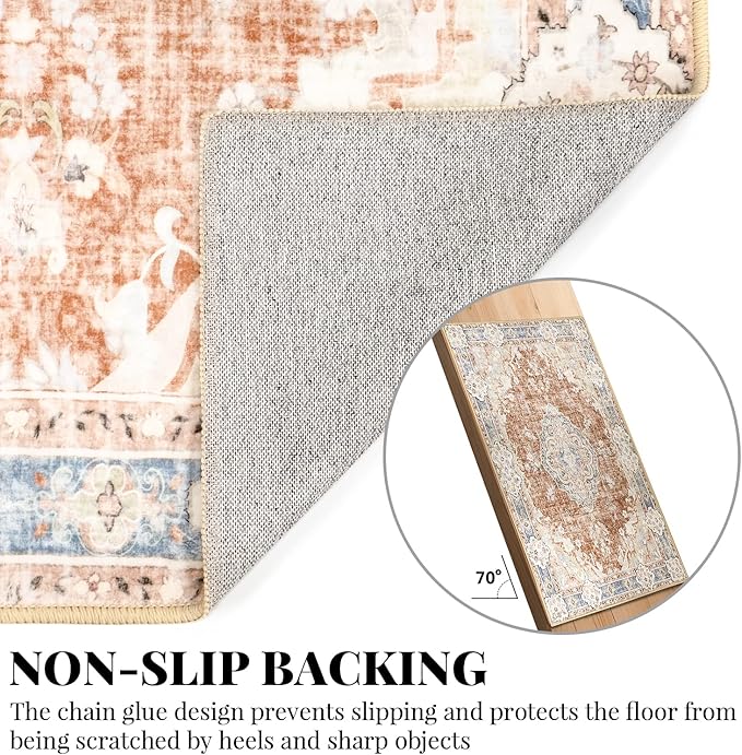 MUJOO 8'x10' Area Rugs for Living Room Large Washable Rug Boho Carpet 8'x10' for Bedroom Non Slip Abstract Soft Low-Pile Orange Navy Blue Floral