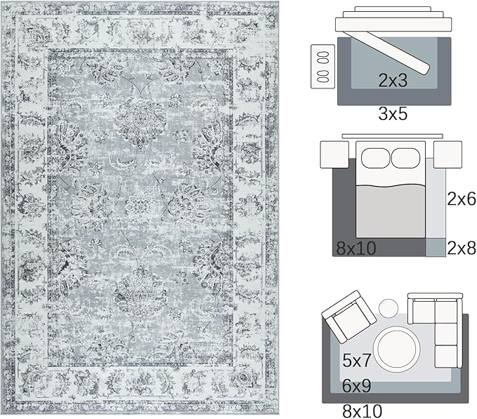 jinchan Fiora 6x9 Area Rug for Living Room Washable Soft Throw Rug Ultra-Thin Stain Resistant Non-Slip Distressed Vintage Floral Large Carpet for Bedroom Dining Room Home Office Nursery(6x9ft, Grey)