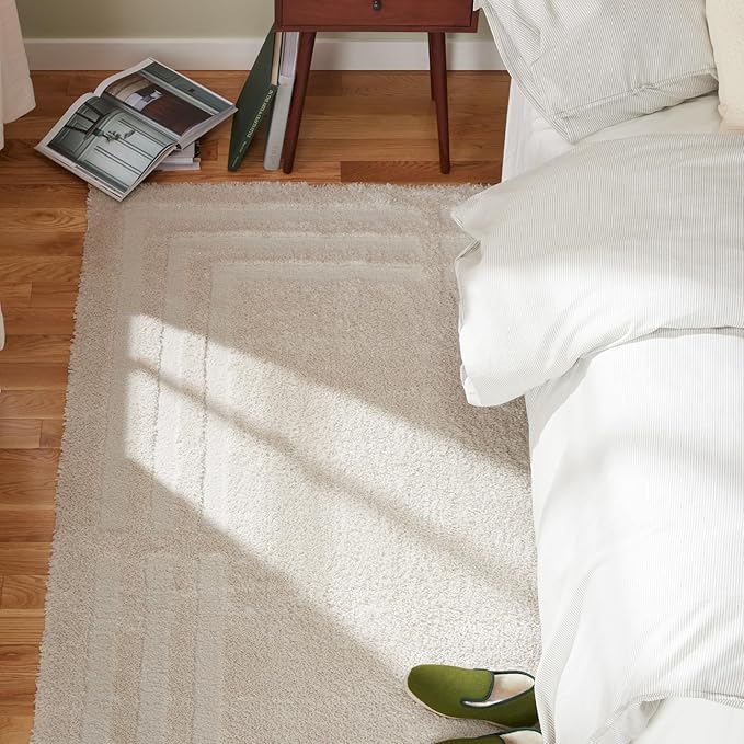 Town & Country Everyday Cloud Shag Plush Border Area Rug with High-Low Pile, Beige, 6'6"x9'6"