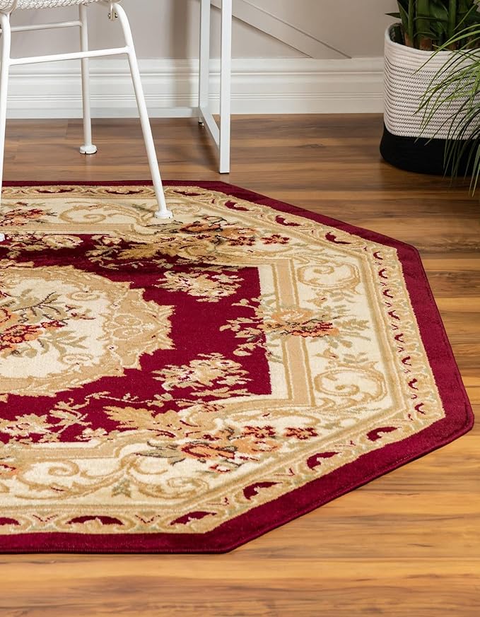 Unique Loom Versailles Collection Traditional Classic Floral Motif Area Rug (7' 11 x 7' 11 Octagon, Burgundy/Ivory)