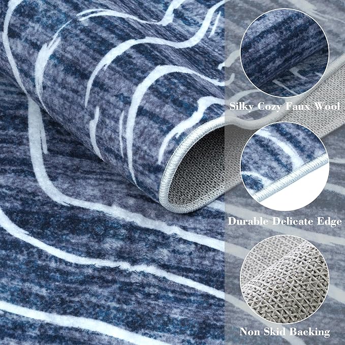 LIVEBOX Machine Washable Modern Abstract 6x9 Area Rug, Non Slip Large Bedroom Living Room Nursery Girl Rug Minimalist Wave Striped Neutral Boys Rug, Carpet for Dining Room Playroom(Navy Blue,6'x9')
