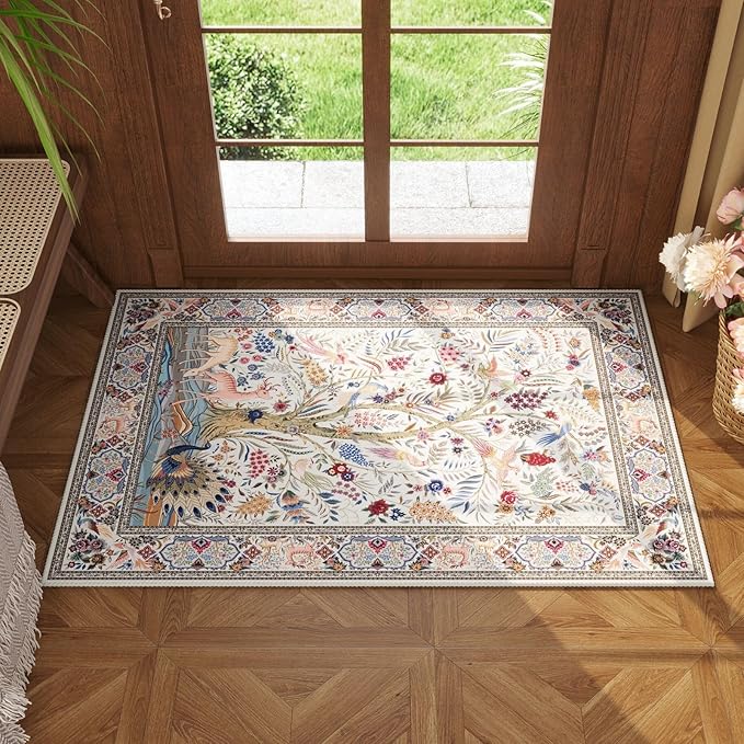 Rugcomf Indoor Door Mat 2x3 Rug Vibrant Tree of Life-Patterned Vintage Machine Washable Small Area Rug Non-Slip Low Pile Throw Rugs for Entryway Kitchen Front Door Entrance Entry Kids Room, Beige