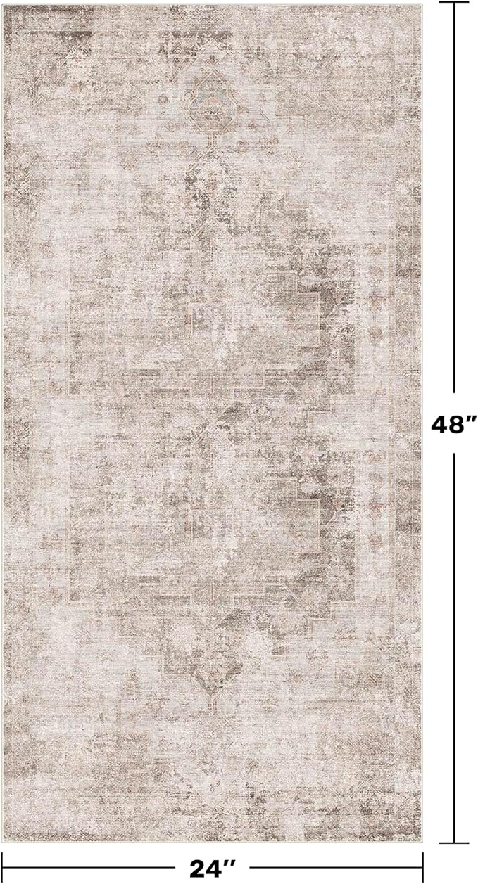 Light Brown 2x4 Runner Rug for Entryway Indoor, Kitchen Floor Waterproof, Bathroom, Powder Room, Washable Non Slip Low Pile Stain & Fade Resistant, Modern Eclectic Tan Décor