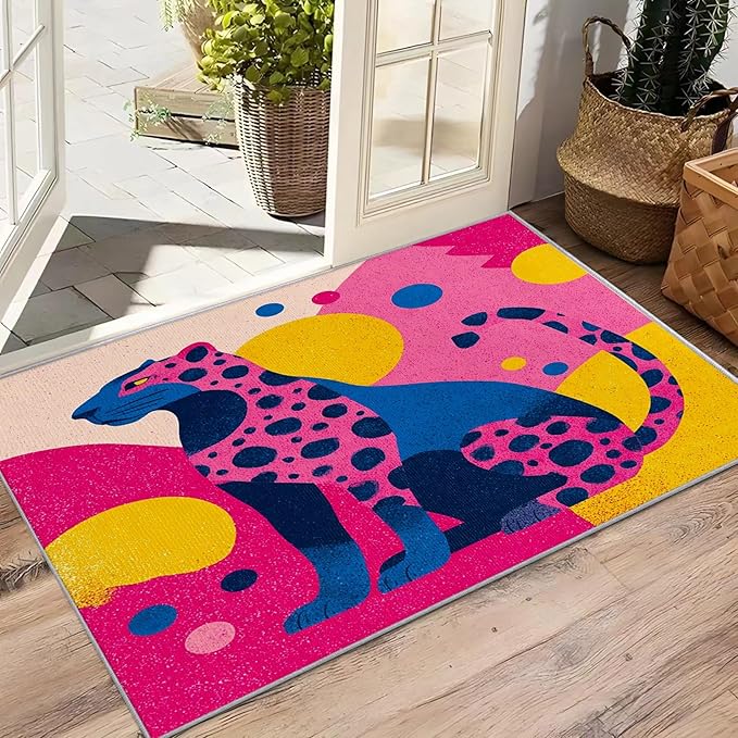 Leopard Rugs for Living Room - 5x6ft - Colorful Abstract Geometric Animal Pop Art Rug for Bedroom Non Slip Low Pile Machine Washable Area Rugs, Leopard Carpets House Decor & Gifts