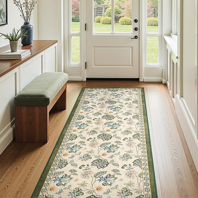 jinchan Elora 3x10 Floral Runner Rug for Hallway Washable Kitchen Runner Vintage Romance Design Non Slip Thin Indoor Floor Cover Low-Profile Throw Carpet for Entryway Bathroom Bedroom, Green/Beige