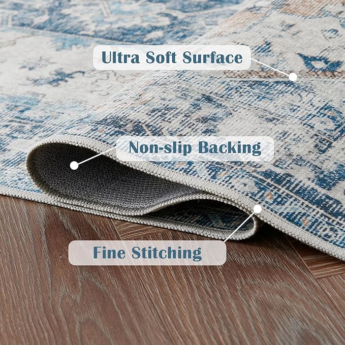 jinchan Kelda Area Rug 4x6 Washable Bedroom Rug Vintage Indoor Floor Cover Distressed Lightweight Non-Slip Low Pile Thin Mat Accent Stain Resistant Carpet for Living Room Dining Room Office Blue