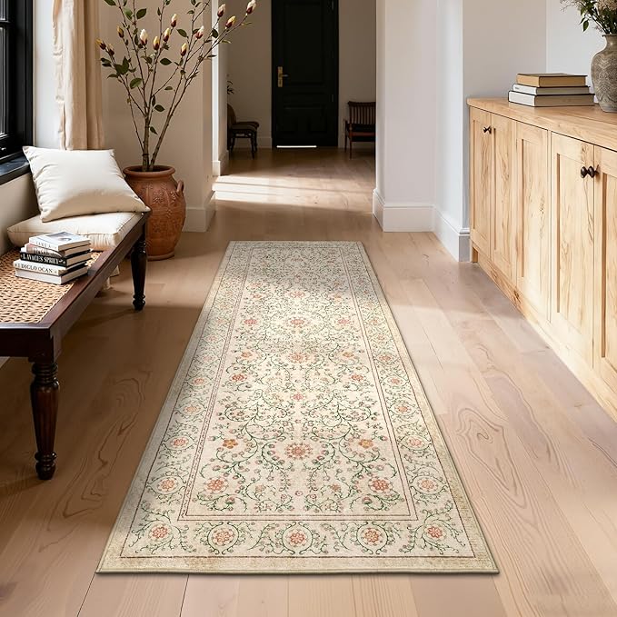 GarveeHome Boho 2x6 Runner Rug for Hallways Non Slip, Vintage Botanical Kitchen Rugs Washable Area Rug for Entryway Stain Resistant, Low Pile Soft Runner Camel Carpet for Bedroom Floor Laundry Room