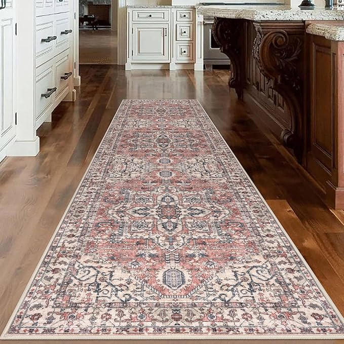 KOZYFLY Long Runners for Hallways 3x10 Ft Washable Kitchen Rug Faux Wool Printed Stair Runner Floor Carpet for Bedroom Entryway Stairs Kitchen Hall Indoor Use, Terracotta/Beige