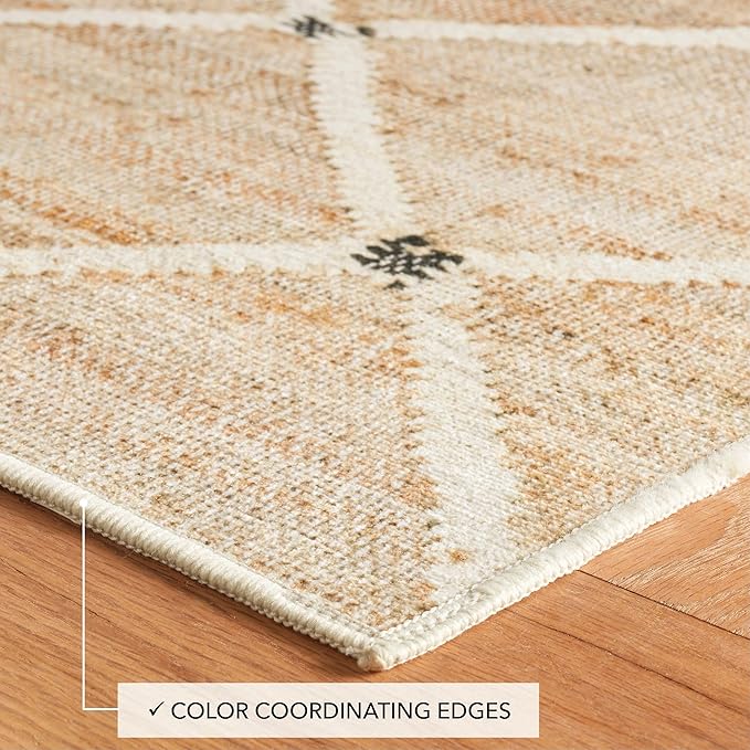 Dash and Albert Kali Machine Washable Area Rug - 4' x 6' Natural - Diamond Accent Rug - Anti-Slip Backing, Lightweight, Machine Washable, High Traffic Areas Kitchen, Mudroom, Laundry Room