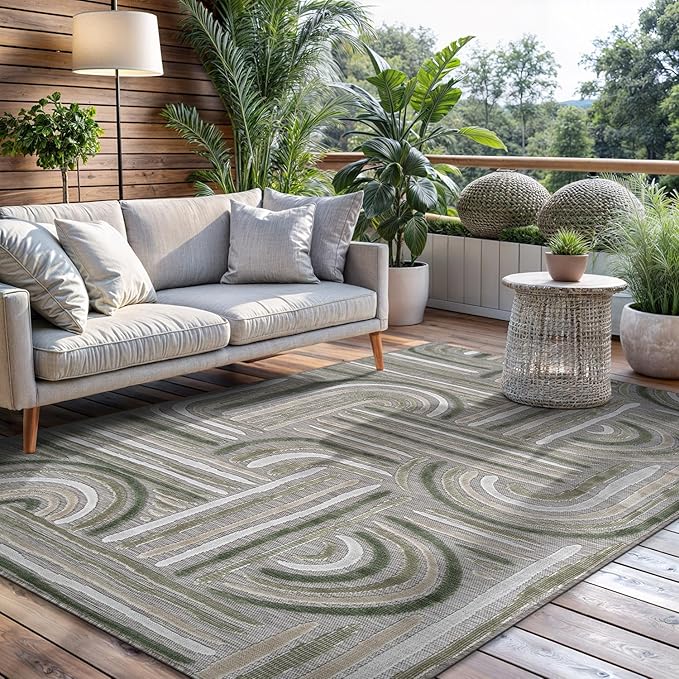 CAMILSON Indoor Outdoor Rug, Beige 5x7 Geometric Arch Striped Area Rugs for Patio and Home Areas, Easy-Cleaning Non-Shedding Living Room, Garden and Deck Washable Outside Carpet (5 x 7)