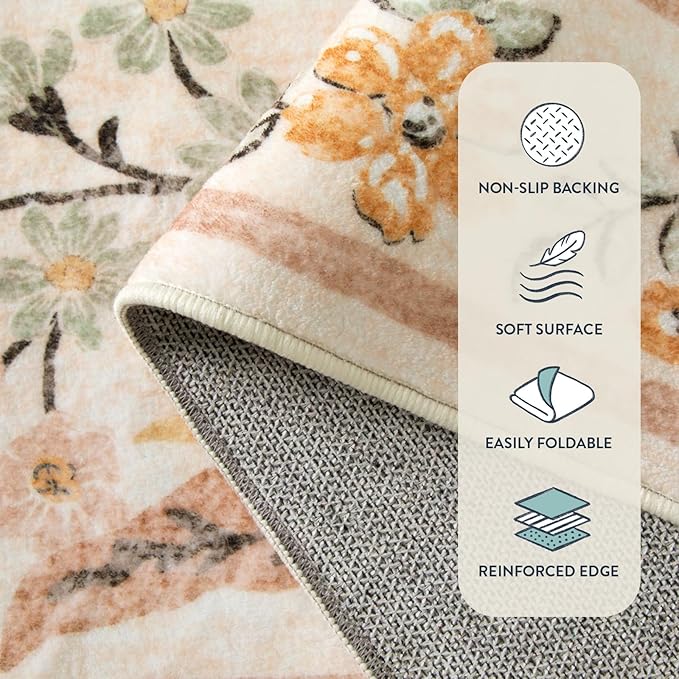 Lahome Fall Floral Washable Area Rugs 8x10, Boho Living Room Large Rugs Non-Slip for Bedroom, Soft Rubber Backed Burnt Orange Carpet for Dining Playroom Decor, Ochre Fall