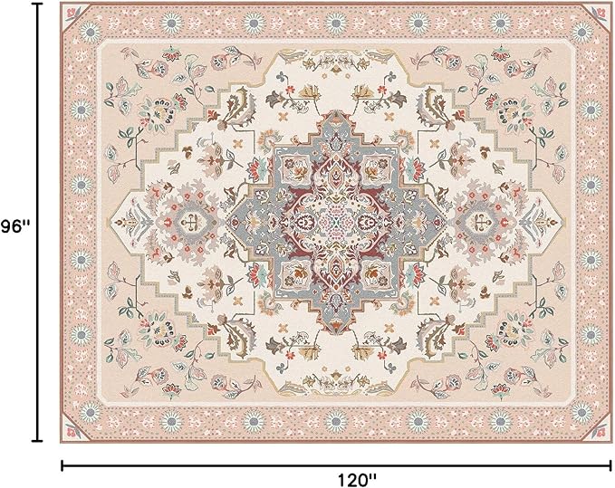 Phantoscope Washable Area Rug 8'x10' Non-Slip, Vintage Boho Rugs for Living Room, Bedroom, Dining Room, Persian Floral Medallion Pattern, Low-Pile Foldable Floor Carpet, Ivory Rose/Fall Bloom