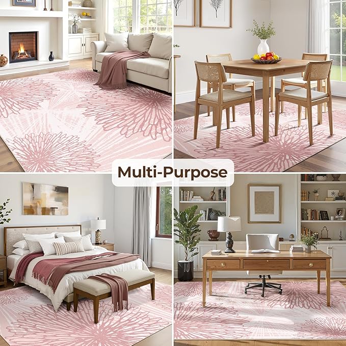 WITSHOCK Pink Rugs 5x7 for Bedroom Girls,Floral Modern Distress Print Pattern Carpet for Living Room Dining Room,Stain Resistant Anti Slip Backing Rugs for Kids Room Nursery Playroom,Light Pink