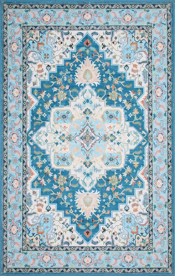 WILLSUN Washable Area Rugs, 8x10 Non-Slip Boho Large Area Rugs for Living Room, Bedroom, Machine Washable Vintage Rug, Indoor Floral Print Carpet for Home Decor, Kid & Pet Friendly Mat