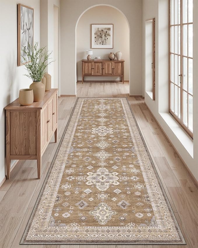 DEXI Hallway Runner Rug 3x10, Distressed Non Slip Runners Carpet, Boho Vintage Soft Thin Indoor Rug, Stain Resistant Washable Entry Mat for Entryway Kitchen Laundry Room Living Room, Light Brown