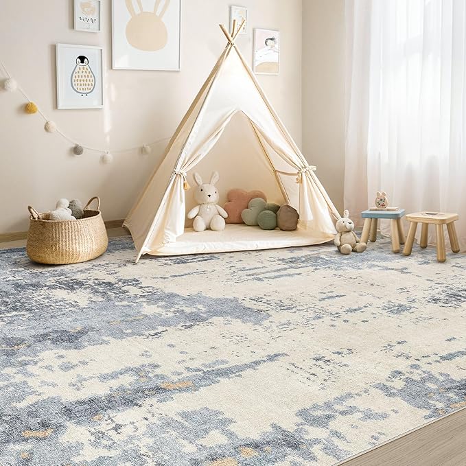 7x9 Area Rug Living Room Rugs - Washable Neutral Modern Abstract Soft Thin Rug Indoor Floor No Slip Rug Carpet for Bedroom Under Dining Table Home Office Decor - Blue/Light Brown