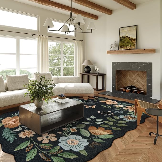 Lahome Floral 9x12 Area Rugs for Living Room Bedroom, Soft Washable Rugs 9x12 Stain Resistant, Ultra-Thin Non-Slip Boho Dining Room Rug Non-Shedding Accent Carpet for Office(9x12ft,Black/Grey)
