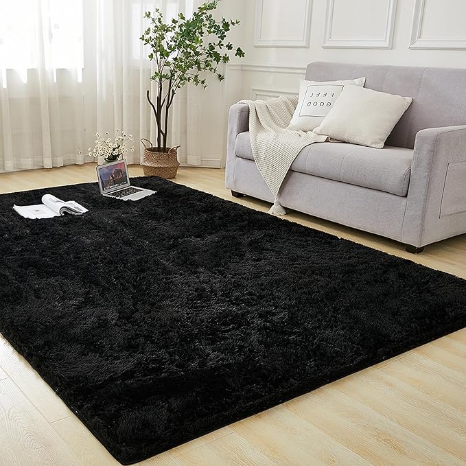 Andency Black Soft Area Rugs for Living Room Bedroom, 3x5 Non-Slip Fluffy Shag Carpet, Indoor Floor Fuzzy Shaggy Living Room Plush Rug for Kids Dorm Nursery Home Decor Aesthetic