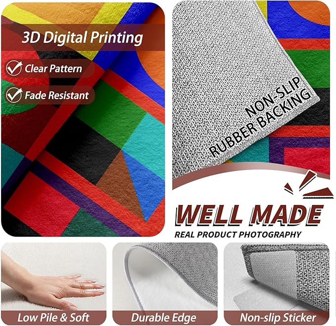 6x8 Rug Non Silp - Geometric Rugs for Living Room, Colorful Abstract Modern Funky Low Pile Machine Washable Area Rugs for Bedroom, Geometric Carpet House Decor & Gifts