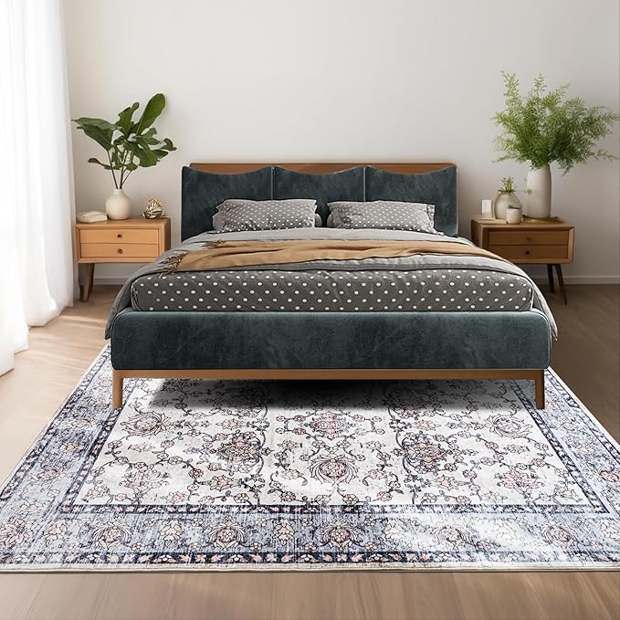 4x6 Washable Area Rug – Dusty Lavender & Gray Vintage Carpet with Charcoal Border, Watercolor Floral and Foliage Pattern, Boho Chic Non-Slip Indoor Rug for Bedroom, Living Room, Dining Room, Entryway