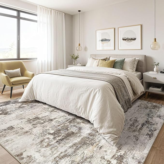 7x9 Area Rug Living Room: Washable Large Abstract Neutral Modern Soft Rugs Stain Resistant Indoor Floor Non-Slip Accent Carpet for Bedroom Nursery Playroom Dining Room Office Dorm Home- Brown Yellow