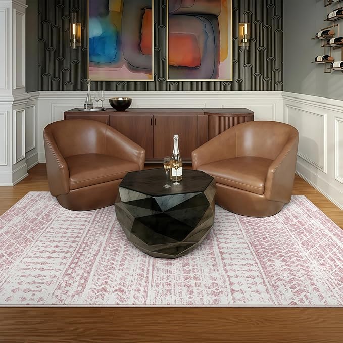 5x7 Machine Washable Area Rug for Living Room, Pink Vintage Moroccan Rug Large Non-Slip Low Pile Soft Faux Wool Carpet, Kids and Pets Friendly for Bedroom Dining Room Farmhouse Home Decor Rug
