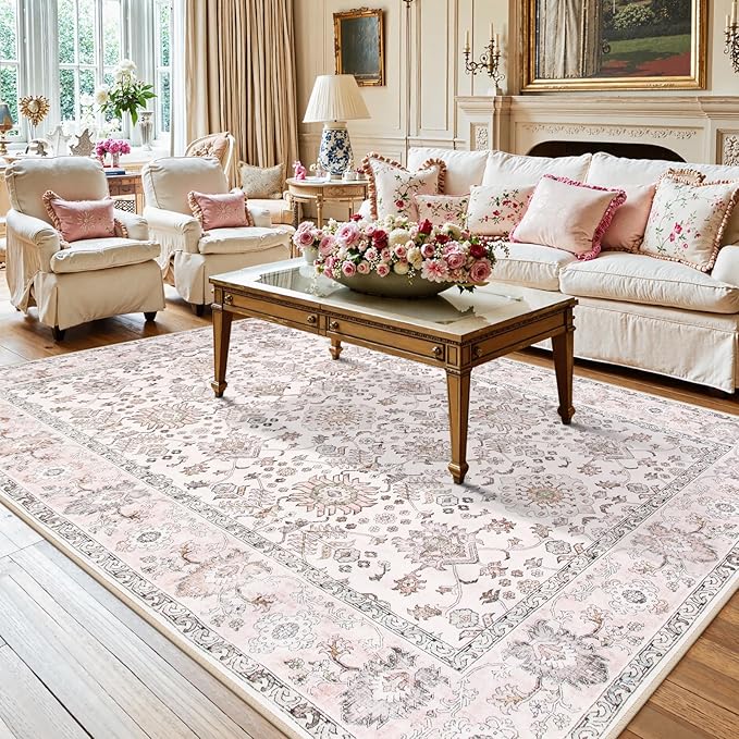 Lahome Boho Bedroom Rugs 8x10 Non Slip, Washable Pink Rugs for Bedroom Girls Ultra-Thin,Vintage Large Carpet for Living Room Dining Room Nursery Room Dorm Classroom (Pink, 8' x 10')