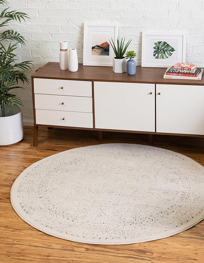 Unique Loom Isabella Collection Area Rug - Adjani (5' 1" Round, White/ Blue)