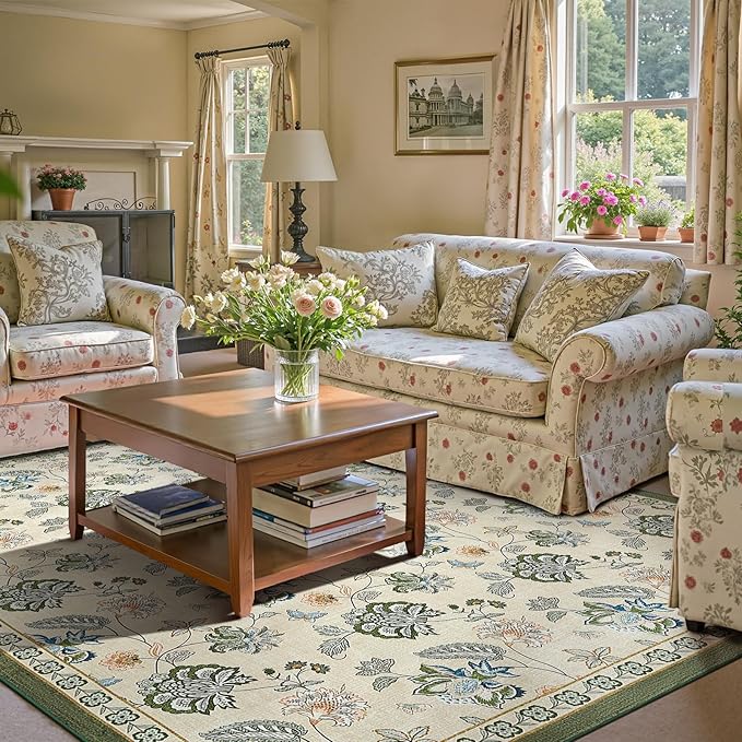 jinchan Elora 8x10 Floral Rug for Living Room Washable Bedroom Rug Vintage Romance Design Non Slip Thin Indoor Floor Cover Large Low-Profile Throw Carpet for Dining Room Office, Green/Beige