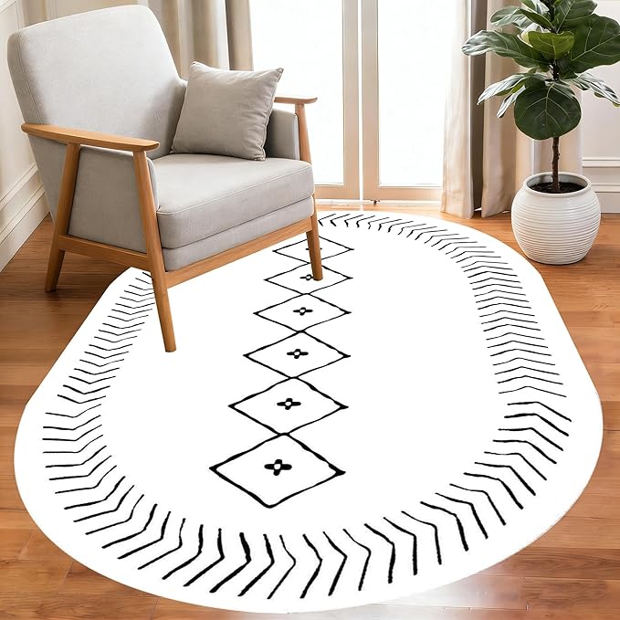 Simple Black and White Geometric Texture Bordered Area Rug 7x9 for Living Room Bedroom Dining Room Soft Washable Anti Slip Floor Mats Doormat Modern Minimalist Large Carpet Cozy Indoor Oval Rugs
