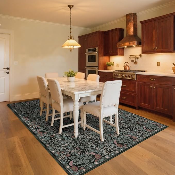 8x10 Washable Area Rugs for Living Room, Stain Resistant Vintage Rugs for Dining Room Under Kitchen Table, Bedroom, Floral Low Pile Non-Slip Large Carpet (8 x 10 Dark Green)