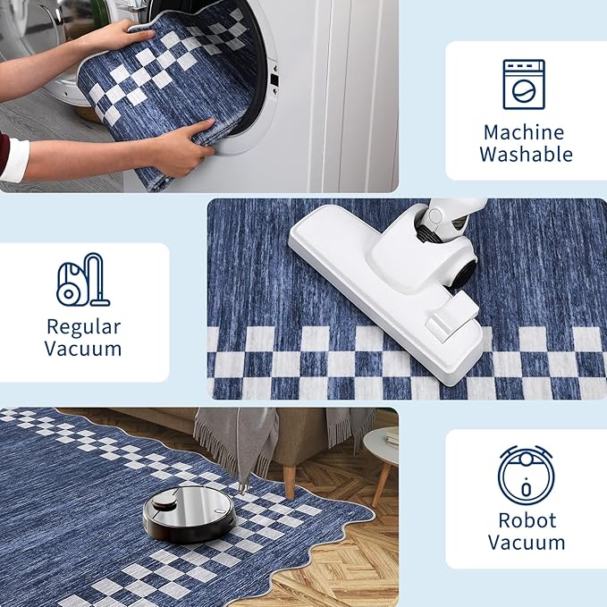 GarveeHome Washable Rug 5x7 for Living Room Large Bedroom Scalloped Rug Non Slip Stain Resistant Modern Border Throw Carpet Soft Boho Rug for Dining Room Nursery Home Office, Blue