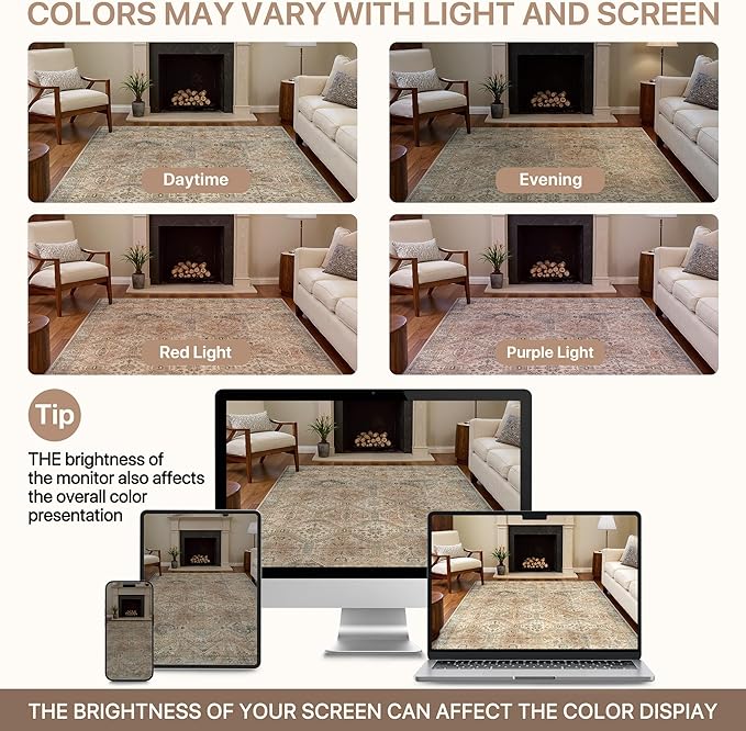 Bavni 8x10 Area Rugs for Living Room, Machine Washable Rug Non Slip, Vintage Chenille Distressed Print Carpet, Large Low Pile Ultra-Thin Lightweight Rugs for Bedroom, Dining Room, Office, Wood Brown