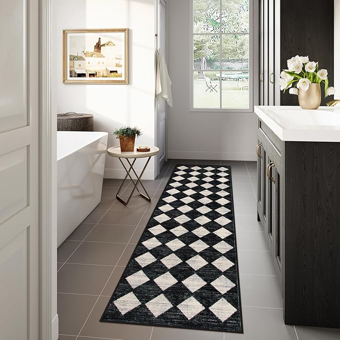 Lahome Checkered Washable Rug Runners for Hallways Non Slip,2x10 Black Kitchen Bathroom Runner Rug,Trellis Low Pile Indoor Carpet Runner for Bedroom Entryway Foyer(2'x10',Black)