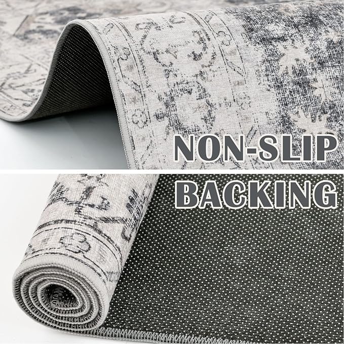 jinchan Kelda Area Rug 2x7 Runner Rug for Hallway Indoor Vintage Distressed Carpet Grey Multi Printed Floorcover Gray Chenille Accent Rug Non Slip for Kitchen Living Room Bedroom Dining Room