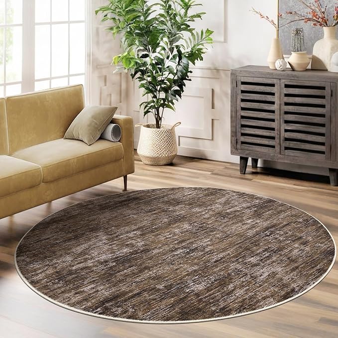 RUGSREAL 3x3 Round Area Rug Small Washable Circle Rug Non Slip Stain Resistant Entry Mat Modern Solid Color Round Living Room Carpet Low Pile Soft Bedroom Mat Neutral Rug for Bedside Nursery, Brown