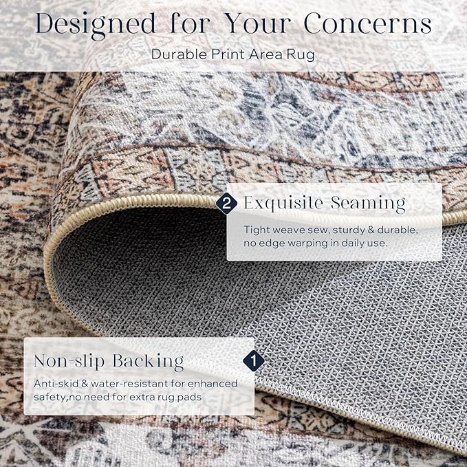 Phantoscope Washable Area Rug 9'x12' Non-Slip, Vintage Neutral Rugs for Living Room, Bedroom, Dining Room, Distressed Boho Floral Medallion Pattern, Low-Pile Foldable Floor Carpet, Light Brown