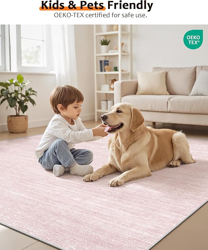 Art&Tuft Washable Rugs 6x9, Low Pile Area Rugs for Living Room - Non Slip and Stain Resistant Soft Thin 6x9 Rug for Bedroom, Dining Room, Kitchen, Office, Lightpink