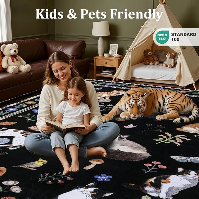 6x9 Area Rugs Living Room Rug: Vintage Washable Rug Floral Soft Carpet Indoor Floor Non-Slip Boho Stain Resistant Large Carpets for Bedroom Kids Nursery Dining Room Farmhouse Home Office Black/C01