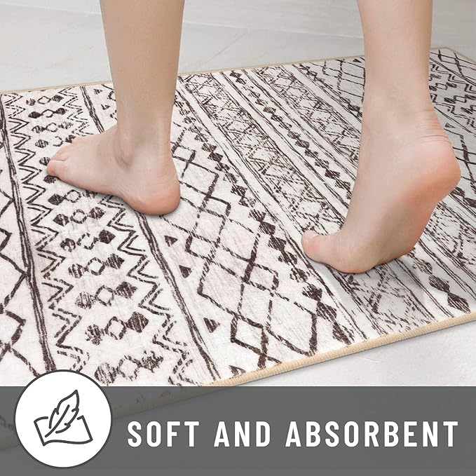 KUTA Moroccan Kitchen Rugs, 2x3 Brown Cream Entryway Rug Non-Slip Washable Small Indoor Door Mat, Ultra Soft Print Vintage Geometric Low-Pile Floor Carpet for Indoor, Entrance, Kitchen