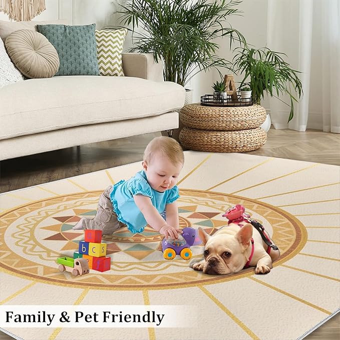 Boho Sun Area Rugs 6x8ft, Minimalist Line Living Room Area Rug, Geometric Solar Play Rug with Carpet Tape Double Sided for Bedroom Office Home Decor