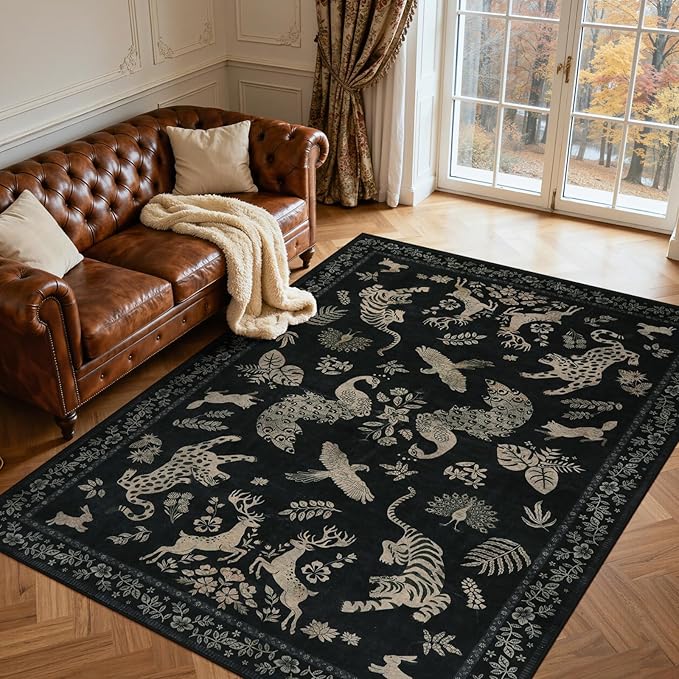 Moynesa Vintage Animal Washable Area Rugs 8x10, Retro Black Gold Area Rug for Living Room Bedroom Dining Room Office Study, Low Pile Soft Non Slip Stain-Resistant Carpets for Home Decor