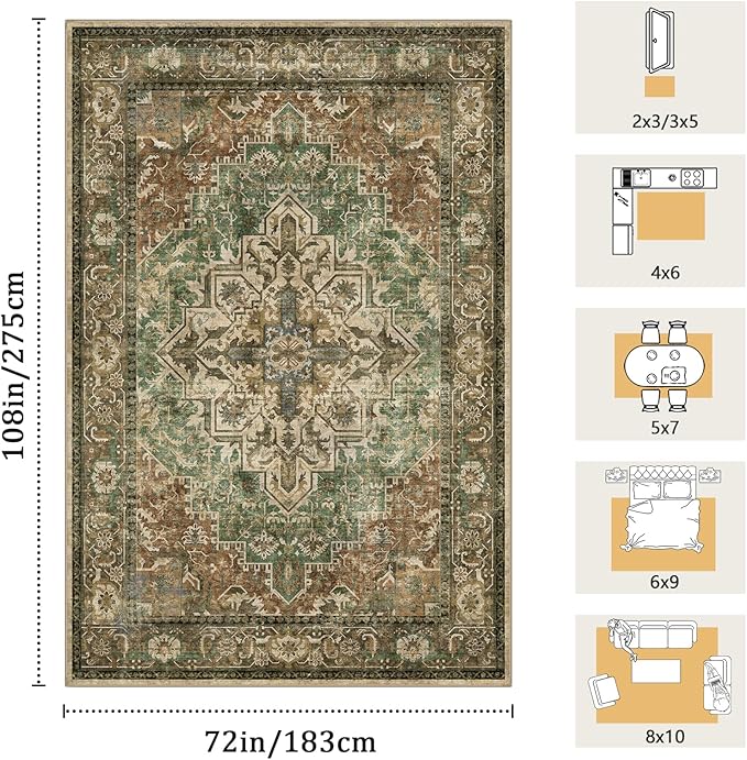 6x9 Machine Washable Area Rug for Living Room, Brown Green Boho Vintage Floral Rug Large Non-Slip Low Pile Soft Faux Wool Carpet, Kids and Pets Friendly for Bedroom Dining Room Farmhouse Decor Rug