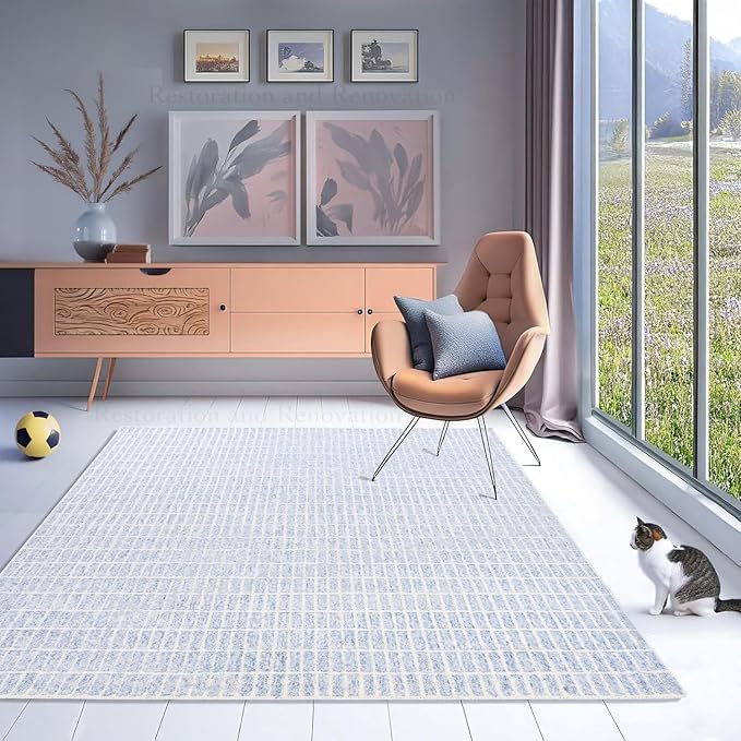 Hand-Tufted 100% Wool Area Rug – Unique Modern Geometric Grid Pattern, Soft Plush Textured Carpet for Living Room, Bedroom, Dining Room & Entryway (Blue, 4' x 6')