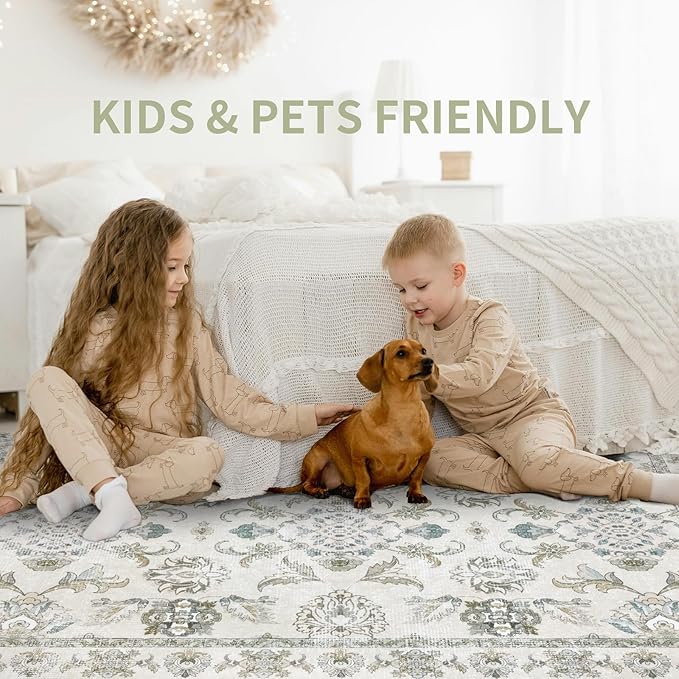 8x10 Washable Area Rugs Beige and Sage Green Vintage Boho Floral Farmhouse Rug for Living Room Bedroom, Non Slip Low Pile Carpet