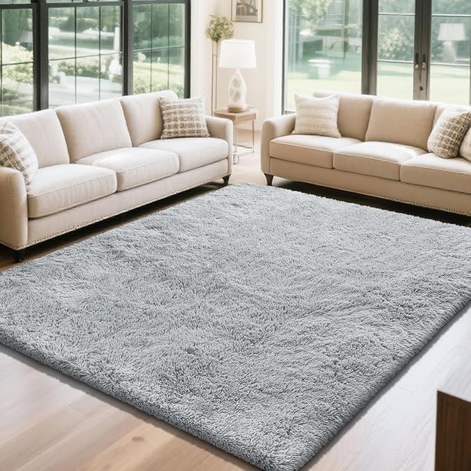 Fluffy Rug Shaggy Area Rug, Grey 4x6 Area Rugs for Bedroom, Small Bedside Rug, Soft Fluffy Shaggy Entryway Throw Rugs for Living Room Bedroom Kids Room Home Decor